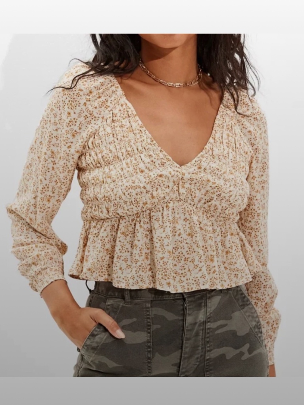 AEO Smocked V-Neck Long Sleeve Floral Top - Cream & Brown Size XL, Cottage Core